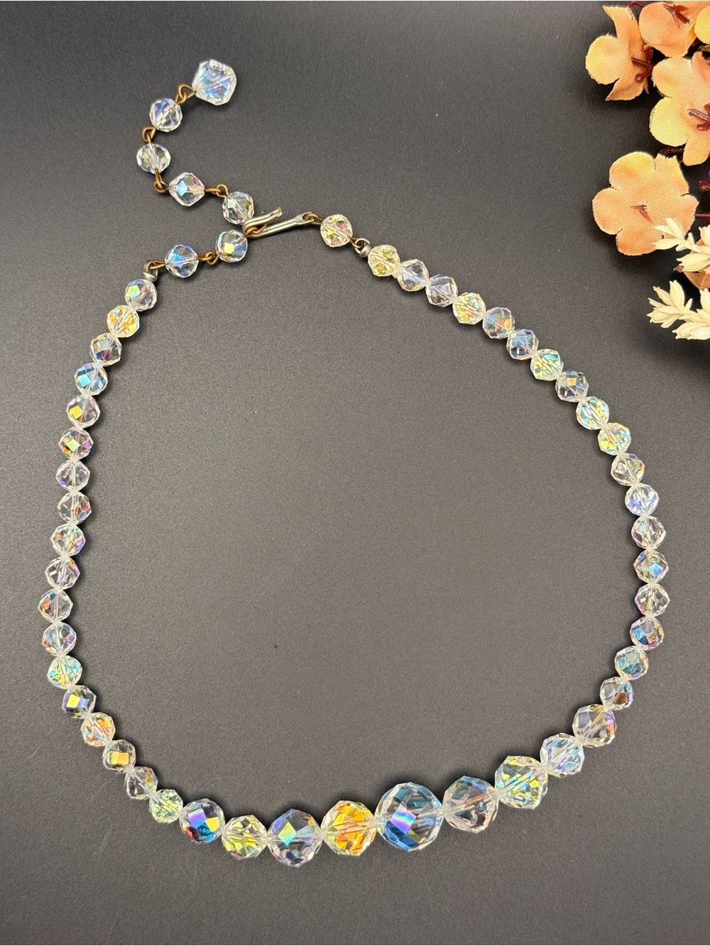 Mid Century 1950’s Crystal Aurora Faceted Bead Necklace - Clear/Iridescent